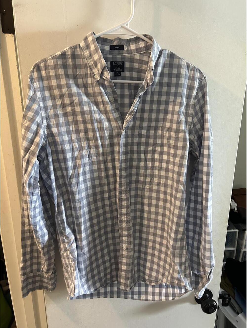 J.Crew Slim Flex Wash white and blue gingham button-up shirt size M